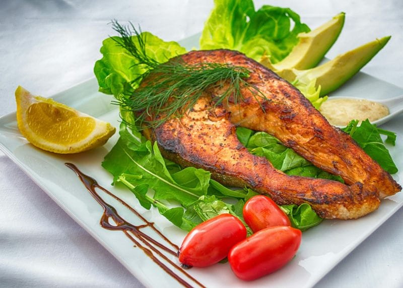 Salmon, Avocado, Tomato, Greens Low Carb Meal