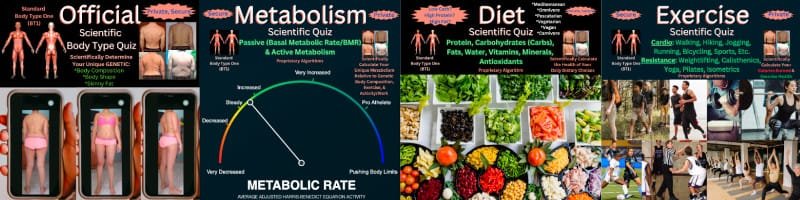 Scientific Health Quizzes including the Scientific Body Type Quiz, Scientific Metabolism Quiz, Scientific Diet Quiz, and Scientific Exercise Quiz