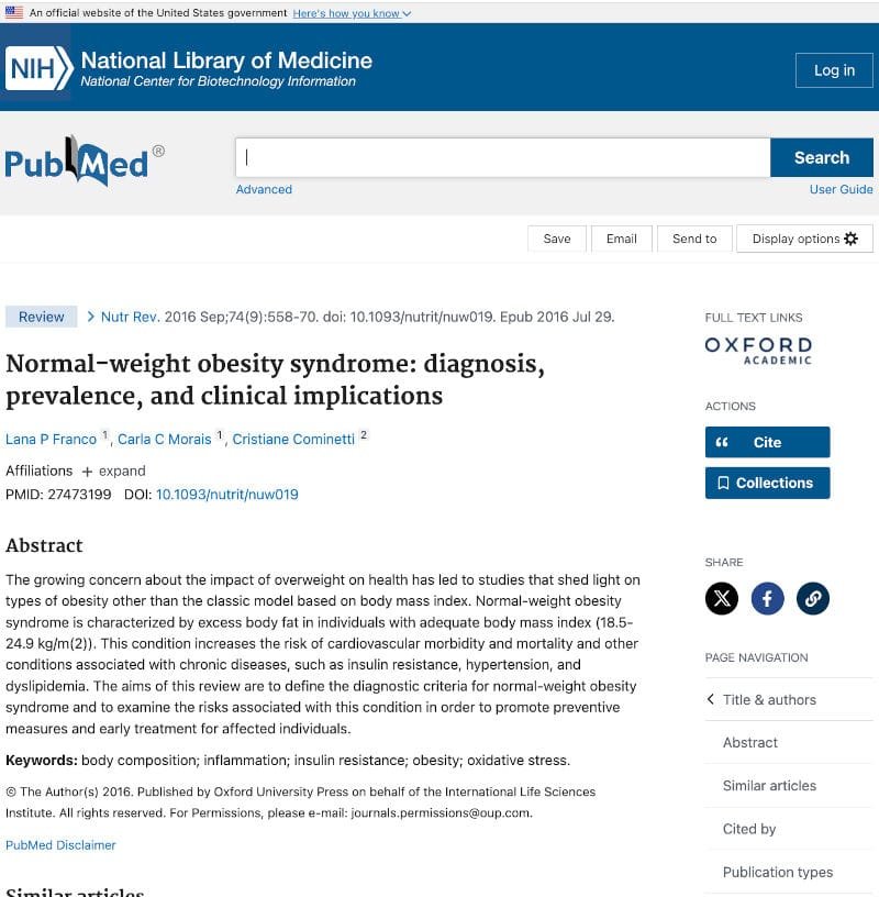 Normal Weight Obesity Definition, NIH 
