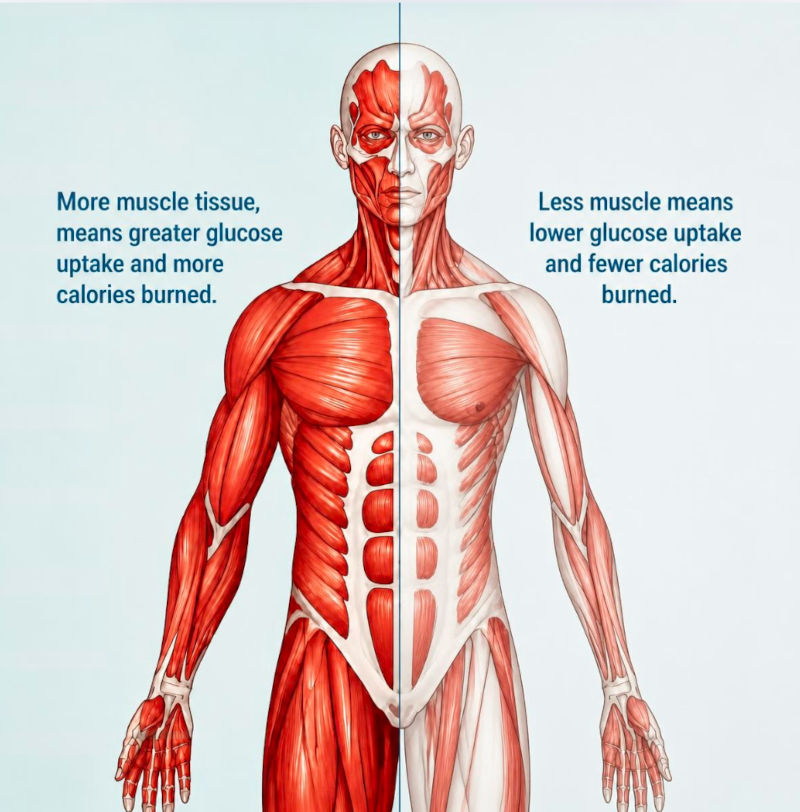 More Muscle, More Glucose Uptake and Calories Burned - Less Muscle, Less Gluocse Uptake and Fewer Calories Burned